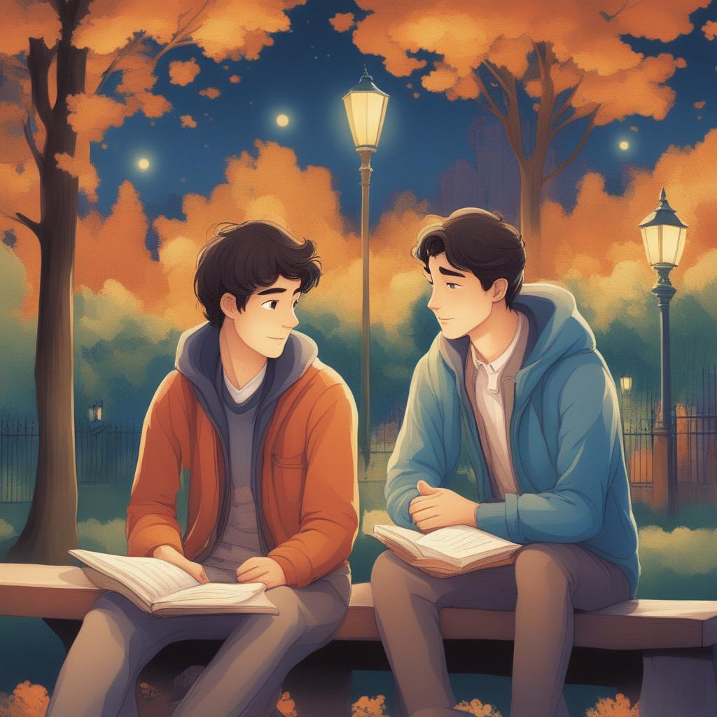 This high-quality illustration depicts two young white men with dark hair - the protagonist and his friend 'A' - seated closely on a bench in a vibrant campus setting
