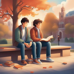 This high-quality illustration depicts two young white men with dark hair - the protagonist and his friend 'A' - seated closely on a bench in a vibrant campus setting