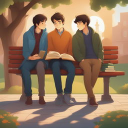 This high-quality illustration depicts two young white men with dark hair - the protagonist and his friend 'A' - seated closely on a bench in a vibrant campus setting