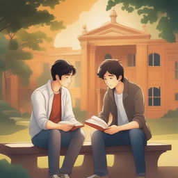 This high-quality illustration depicts two young white men with dark hair - the protagonist and his friend 'A' - seated closely on a bench in a vibrant campus setting