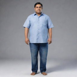 Generate an 8K hyper-realistic full body image of a plumpy 28-year-old Indian man with an endomorphic triangle body type. Traits are a round face, wheatish complexion, height of 5 feet, 36-inch waist, clean-shaven, weighs 68 kgs, with side-parted hair.