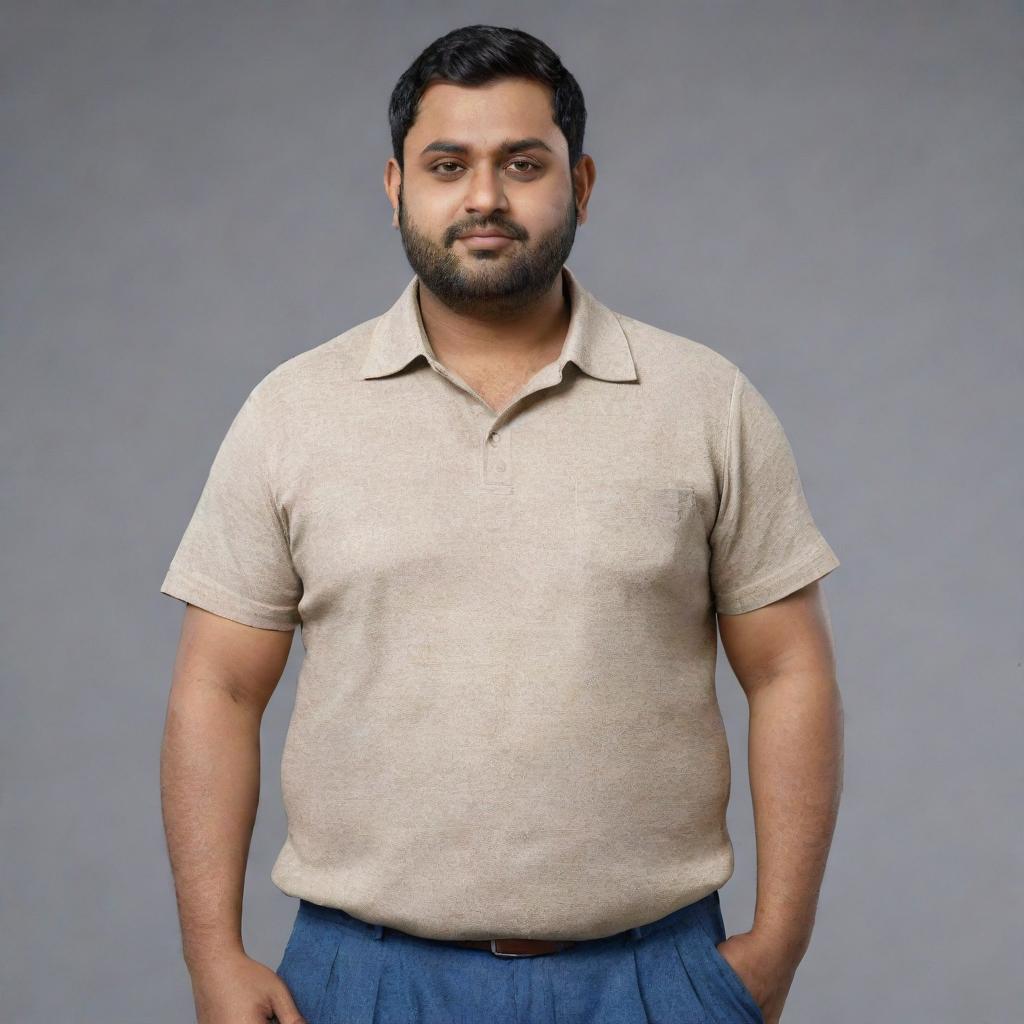 Generate an 8K hyper-realistic full body image of a plumpy 28-year-old Indian man with an endomorphic triangle body type. Traits are a round face, wheatish complexion, height of 5 feet, 36-inch waist, clean-shaven, weighs 68 kgs, with side-parted hair.