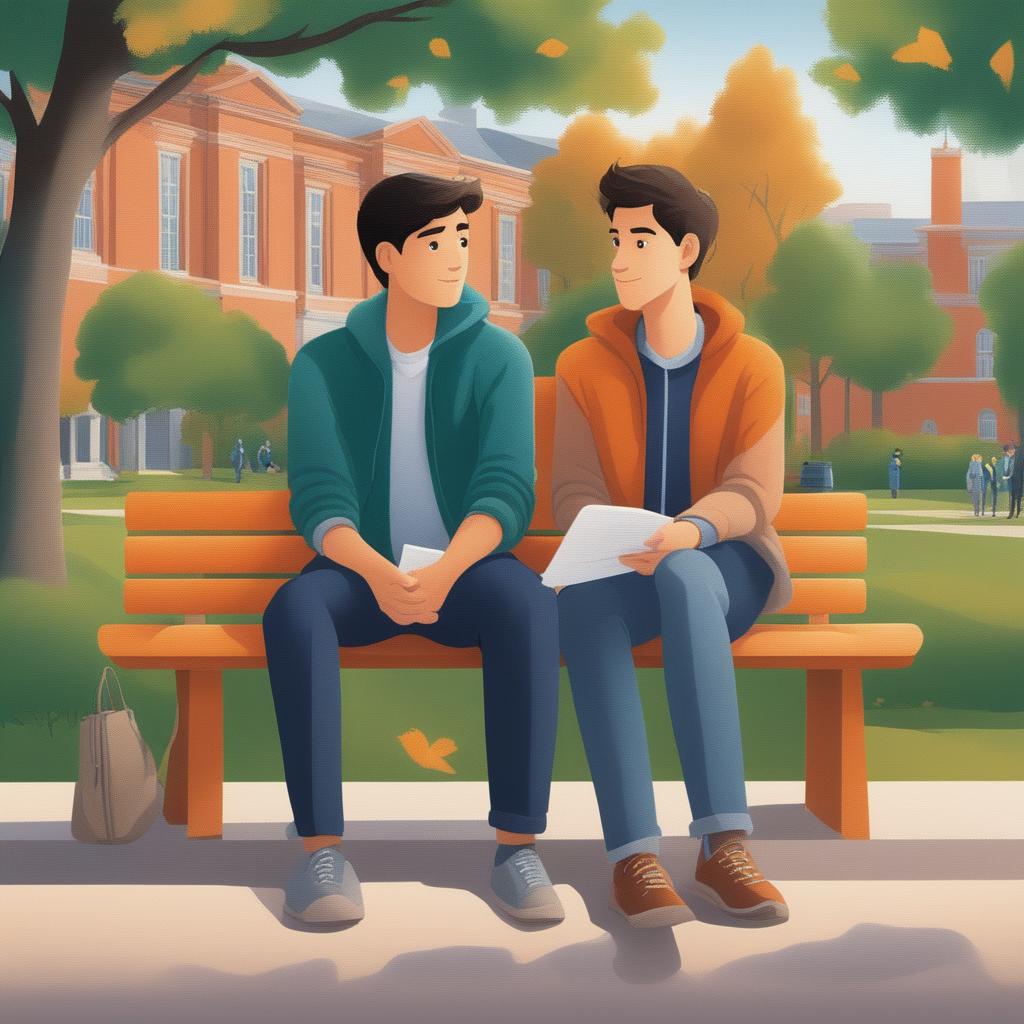 This illustration portrays two young white men with dark hair, the protagonist and 'A', on a vibrant college campus