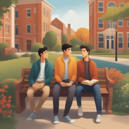 This illustration portrays two young white men with dark hair, the protagonist and 'A', on a vibrant college campus