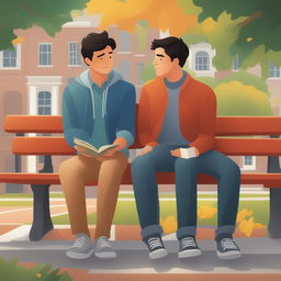 This illustration portrays two young white men with dark hair, the protagonist and 'A', on a vibrant college campus