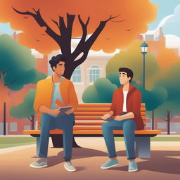 This illustration portrays two young white men with dark hair, the protagonist and 'A', on a vibrant college campus