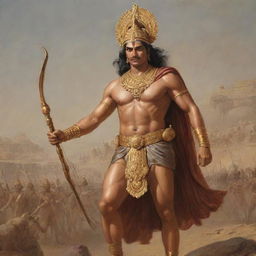 Arjuna, a central character in the epic Mahabharata, clad in warrior armor, drawing his great bow Gandiva, ready for battle, against the backdrop of an epic battlefield.