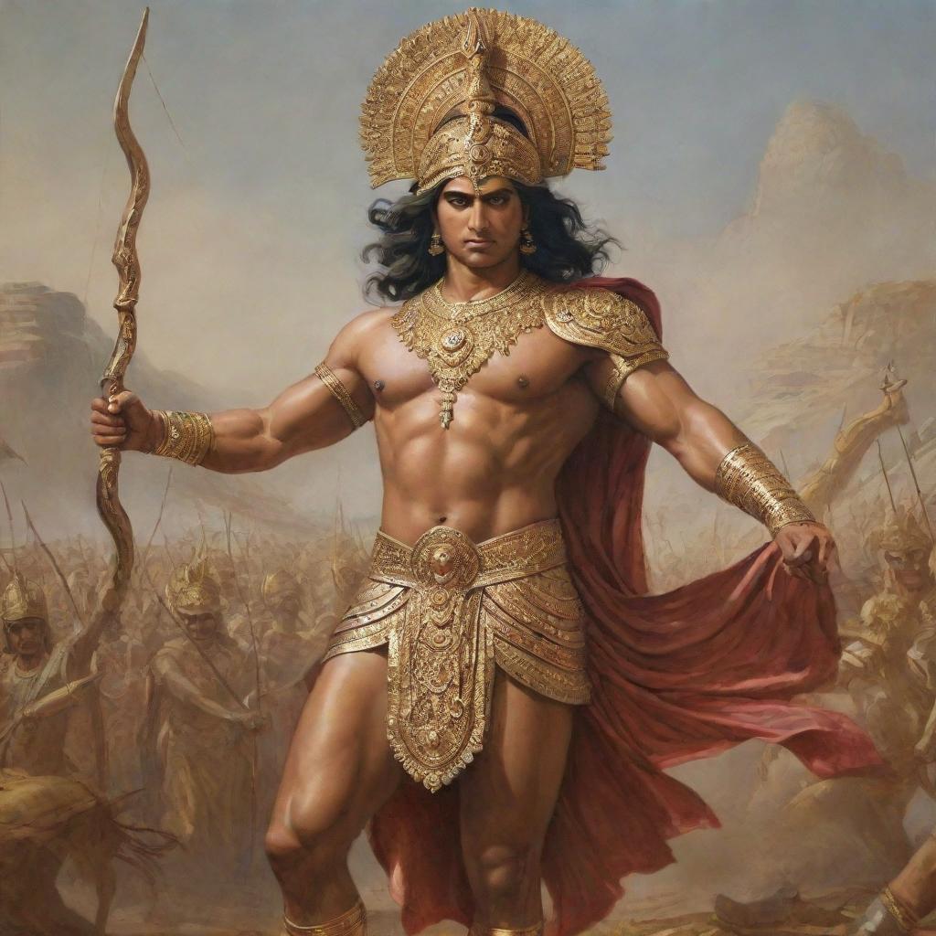 Arjuna, a central character in the epic Mahabharata, clad in warrior armor, drawing his great bow Gandiva, ready for battle, against the backdrop of an epic battlefield.