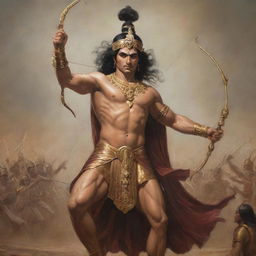 Arjuna, a central character in the epic Mahabharata, clad in warrior armor, drawing his great bow Gandiva, ready for battle, against the backdrop of an epic battlefield.