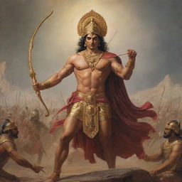 Arjuna, a central character in the epic Mahabharata, clad in warrior armor, drawing his great bow Gandiva, ready for battle, against the backdrop of an epic battlefield.