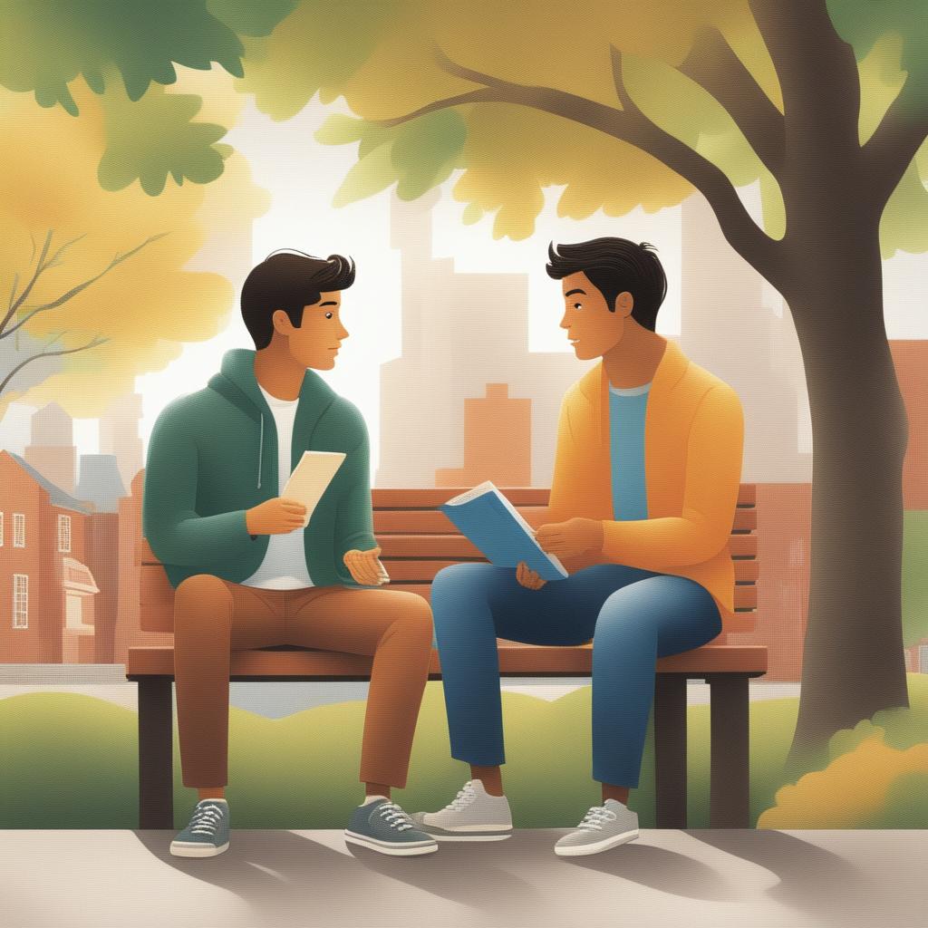 This high-quality illustration depicts two young white men with dark hair, the protagonist and 'A', seated on a bench on a vibrant college campus