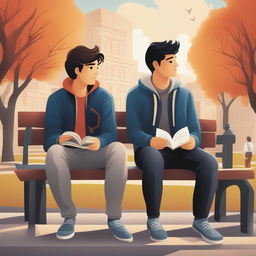 This high-quality illustration depicts two young white men with dark hair, the protagonist and 'A', seated on a bench on a vibrant college campus