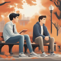 This high-quality illustration depicts two young white men with dark hair, the protagonist and 'A', seated on a bench on a vibrant college campus