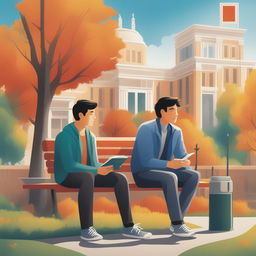 This high-quality illustration depicts two young white men with dark hair, the protagonist and 'A', seated on a bench on a vibrant college campus