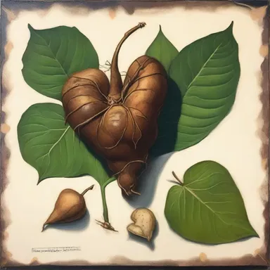 The artist painted a still life of sarsaparilla roots and heart-shaped leaves.