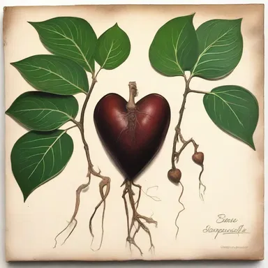 The artist painted a still life of sarsaparilla roots and heart-shaped leaves.