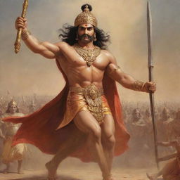 Bhima, the mighty warrior from the epic Mahabharata, wielding his giant mace and showcasing his immense strength on the grand battlefield of Kurukshetra.