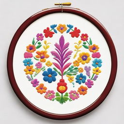 This is a high-quality digital art image, featuring an intricate embroidery beautifully framed in a circular hoop display