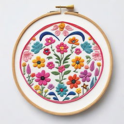 This is a high-quality digital art image, featuring an intricate embroidery beautifully framed in a circular hoop display