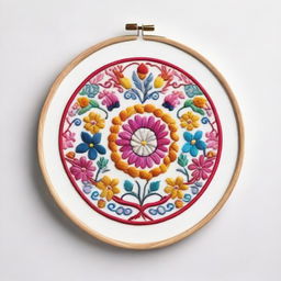 This is a high-quality digital art image, featuring an intricate embroidery beautifully framed in a circular hoop display