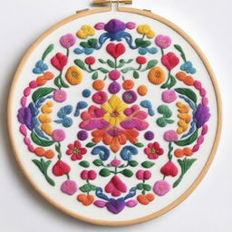 This is a high-quality digital art image, featuring an intricate embroidery beautifully framed in a circular hoop display