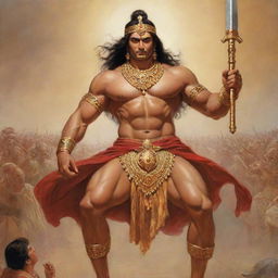 Bhima, the mighty warrior from the epic Mahabharata, wielding his giant mace and showcasing his immense strength on the grand battlefield of Kurukshetra.