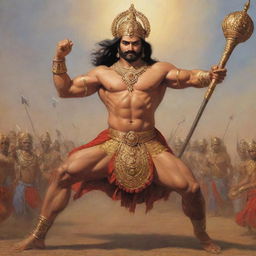 Bhima, the mighty warrior from the epic Mahabharata, wielding his giant mace and showcasing his immense strength on the grand battlefield of Kurukshetra.