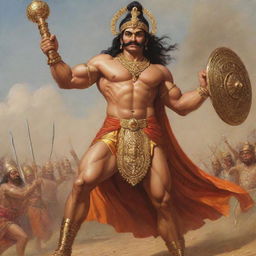 Bhima, the mighty warrior from the epic Mahabharata, wielding his giant mace and showcasing his immense strength on the grand battlefield of Kurukshetra.