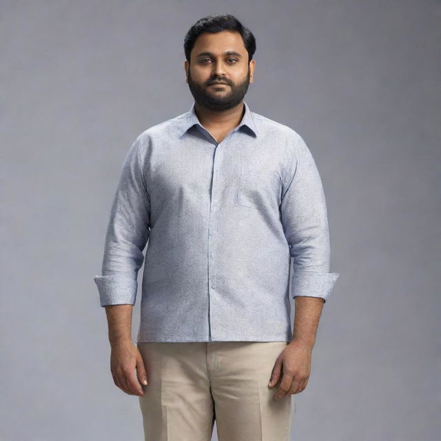 Generate an 8K hyper-realistic full body image of a plumpy 28-year-old Indian man with an endomorphic triangle body type. He stands 5 feet 2 inches tall with a 34-inch waist, is clean-shaven, weighs 68 kgs, and has side-parted hair.