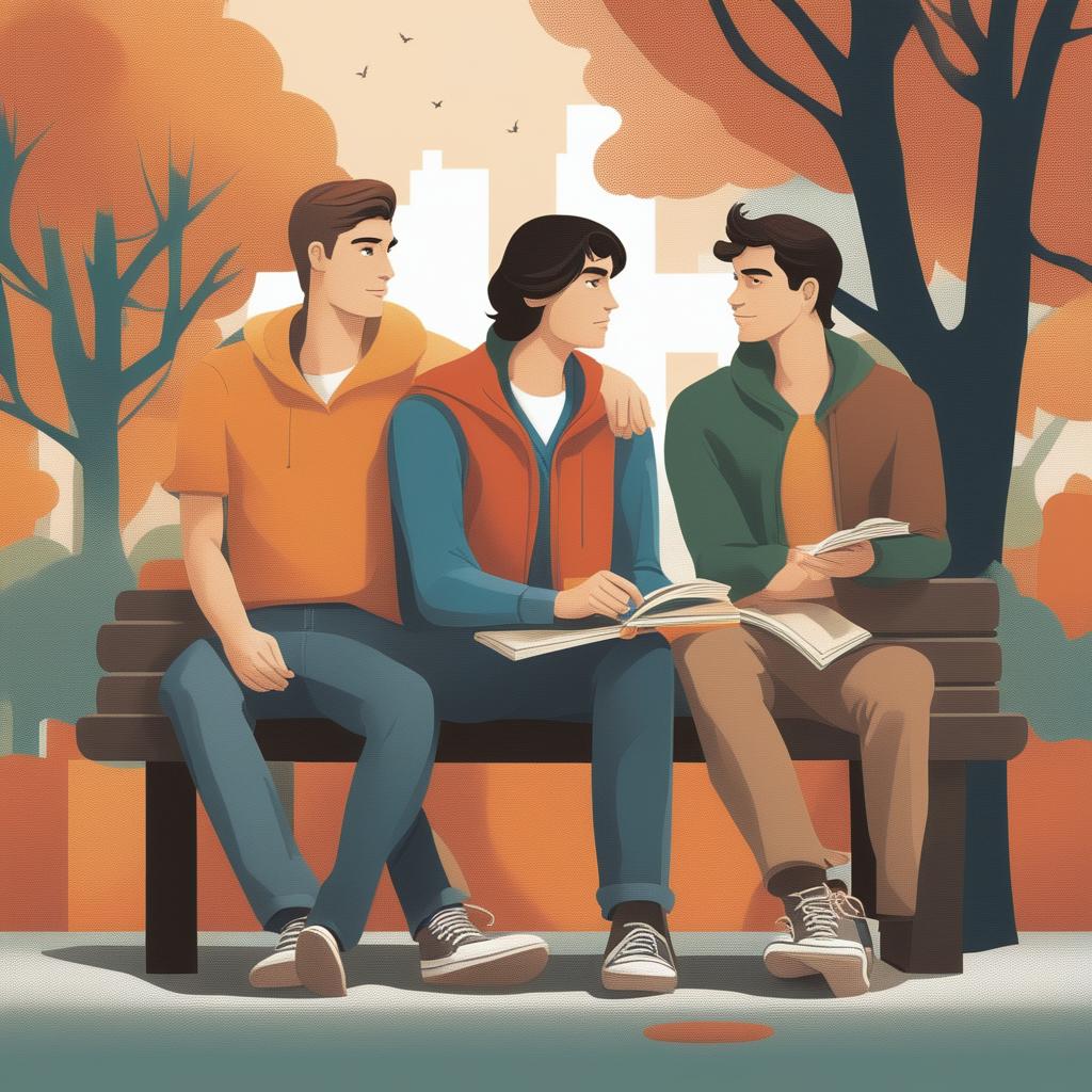 This high-quality illustration depicts two young white men with dark hair, the protagonist and 'A', seated on a bench on a vibrant college campus
