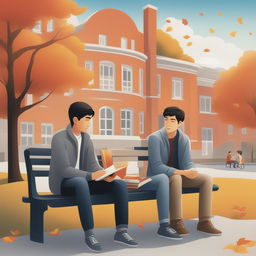 This high-quality illustration depicts two young white men with dark hair, the protagonist and 'A', seated on a bench on a vibrant college campus