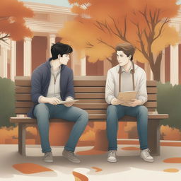 This high-quality illustration depicts two young white men with dark hair, the protagonist and 'A', seated on a bench on a vibrant college campus