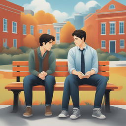 This high-quality illustration depicts two young white men with dark hair, the protagonist and 'A', seated on a bench on a vibrant college campus