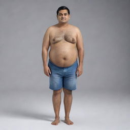 Generate an 8K hyper-realistic full body image of a plumpy 28-year-old Indian man with an endomorphic triangle body type. He stands 5 feet 2 inches tall with a 34-inch waist, is clean-shaven, weighs 68 kgs, and has side-parted hair.