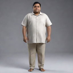 Generate an 8K hyper-realistic full body image of a plumpy 28-year-old Indian man with an endomorphic triangle body type. He stands 5 feet 2 inches tall with a 34-inch waist, is clean-shaven, weighs 68 kgs, and has side-parted hair.