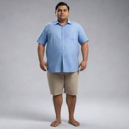 Generate an 8K hyper-realistic full body image of a plumpy 28-year-old Indian man with an endomorphic triangle body type. He stands 5 feet 2 inches tall with a 34-inch waist, is clean-shaven, weighs 68 kgs, and has side-parted hair.