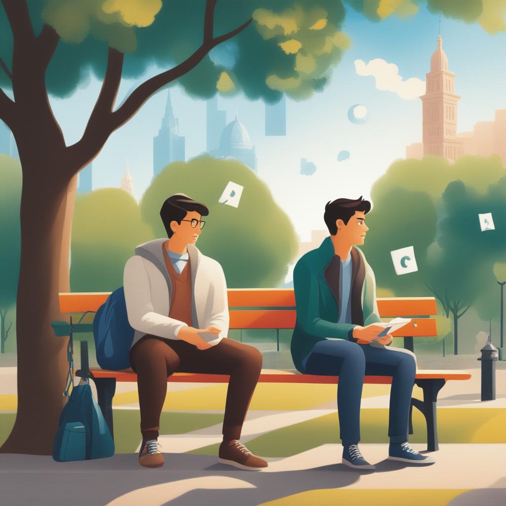 This high-quality illustration depicts two young white men with dark hair, the protagonist and 'A', seated on a bench on a vibrant college campus