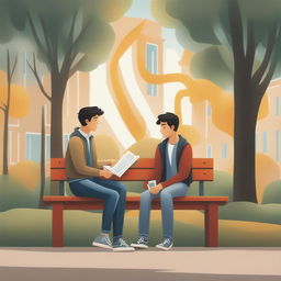 This high-quality illustration depicts two young white men with dark hair, the protagonist and 'A', seated on a bench on a vibrant college campus