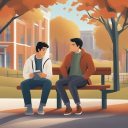This high-quality illustration depicts two young white men with dark hair, the protagonist and 'A', seated on a bench on a vibrant college campus