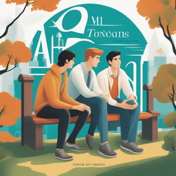 This high-quality illustration depicts two young white men with dark hair, the protagonist and 'A', seated on a bench on a vibrant college campus