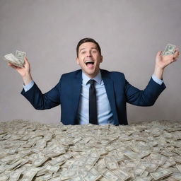 A man joyfully celebrating his milestone of reaching 1000 followers on Twitter, surrounded by piles of money.