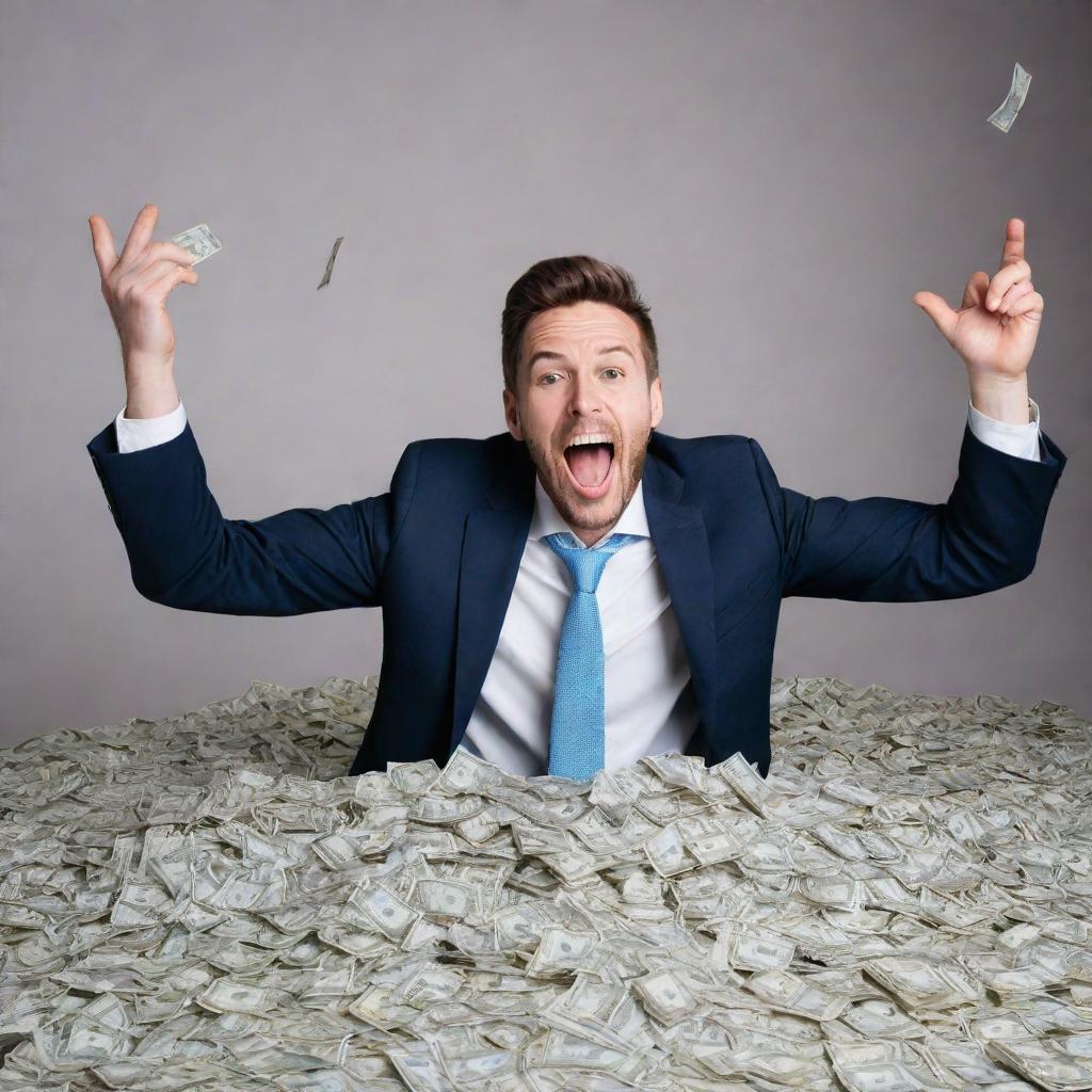 A man joyfully celebrating his milestone of reaching 1000 followers on Twitter, surrounded by piles of money.