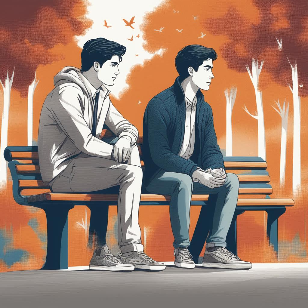 This high-quality illustration depicts two young white men with dark hair, the protagonist and 'A', seated on a bench on a vibrant college campus