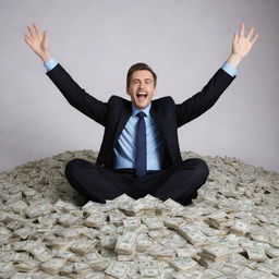 A man joyfully celebrating his milestone of reaching 1000 followers on Twitter, surrounded by piles of money.