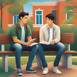 This high-quality illustration depicts two young white men with dark hair, the protagonist and 'A', seated on a bench on a vibrant college campus