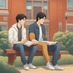 This high-quality illustration depicts two young white men with dark hair, the protagonist and 'A', seated on a bench on a vibrant college campus