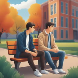 This high-quality illustration depicts two young white men with dark hair, the protagonist and 'A', seated on a bench on a vibrant college campus