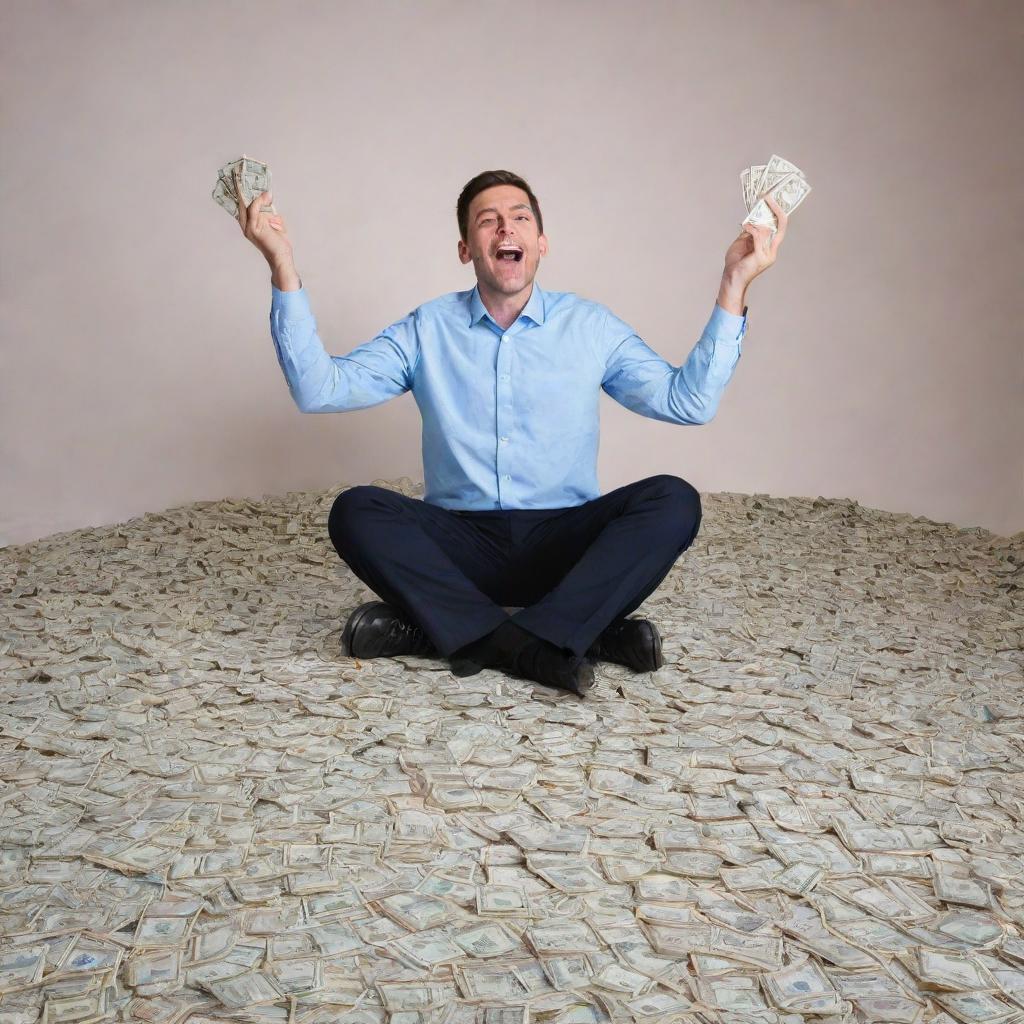 A man joyfully celebrating his milestone of reaching 1000 followers on Twitter, surrounded by piles of money.