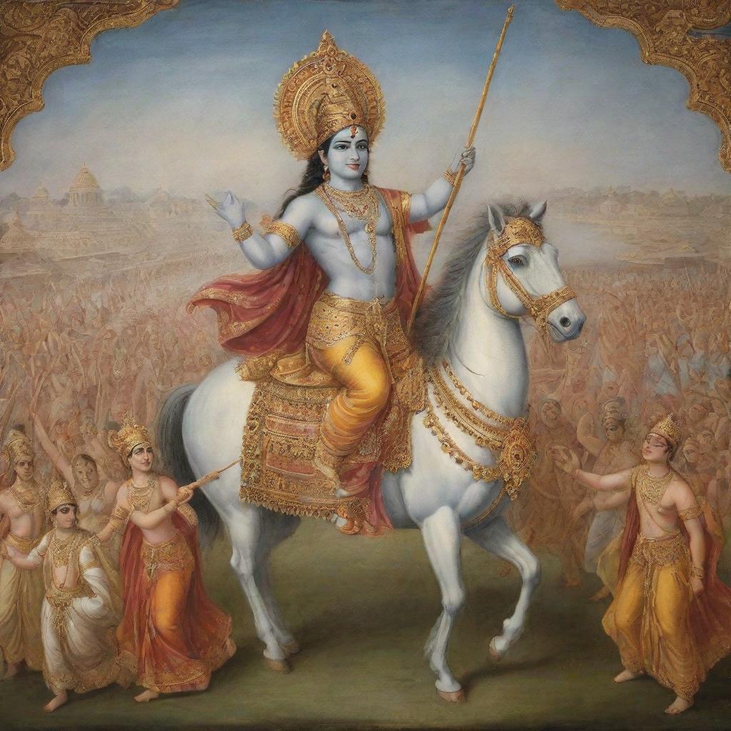 Lord Krishna from the epic Mahabharata, in an elegant charioteer attire, guiding the chariot of Arjuna, against the backdrop of the massive Kurukshetra war.