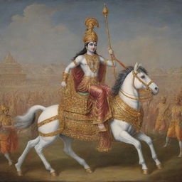 Lord Krishna from the epic Mahabharata, in an elegant charioteer attire, guiding the chariot of Arjuna, against the backdrop of the massive Kurukshetra war.